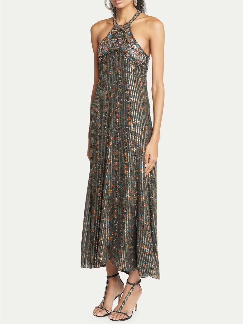 Isabel Marant Ophelie Metallic Striped Beaded Halter Maxi Dress Gown Silk Formal